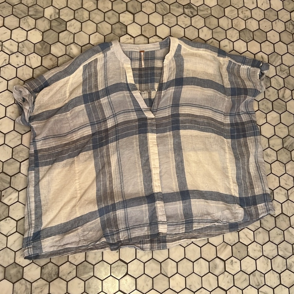 Free people Blue White Plaid LINEN Tunic Kaftan Top XS